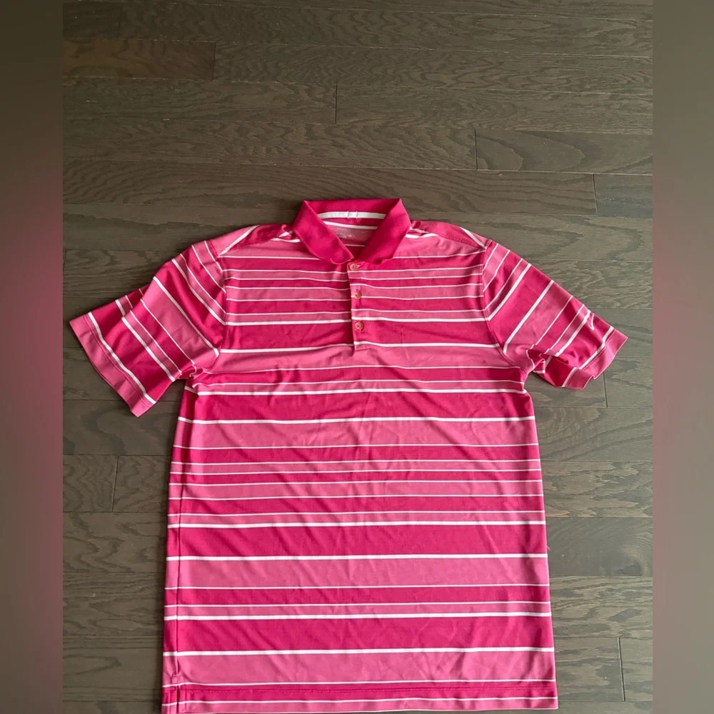 Nike Golf Dri Fit Tour Performance Pink White Stripe Polo Shirt Mens Large